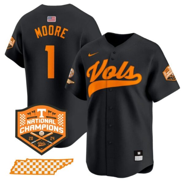 Christian Moore Jersey #1 Tennessee Volunteers Baseball 2024 Champions Vapor Premier Limited Black