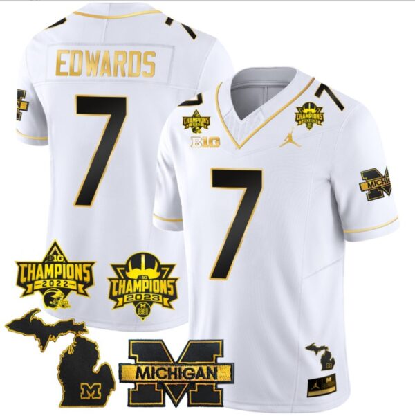 Donovan Edwards Jersey #7 Michigan Wolverines 2023 Big Ten Back to Back Champions Patch White Gold