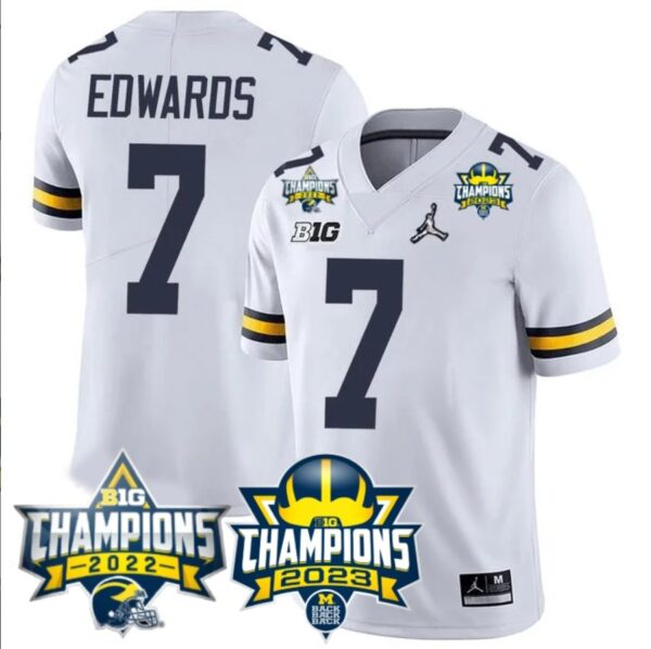 Donovan Edwards Jersey #7 Michigan Wolverines 2023 Big Ten Back to Back Champions Patch White