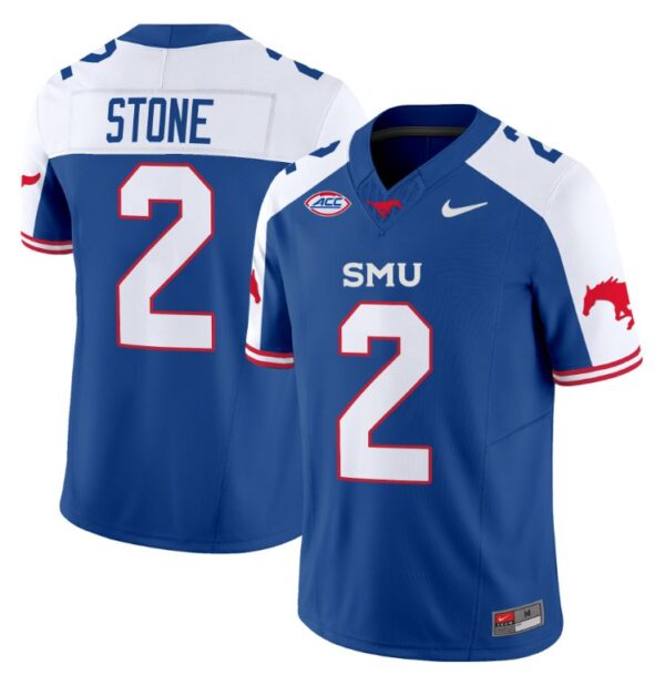 Preston Stone Jersey #2 SMU Mustangs Icy College Football Vapor Limited Blue Alternate