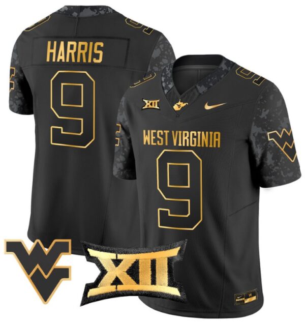 Major Harris Jersey #9 West Virginia Mountaineers Gold Vapor Football Black Gold