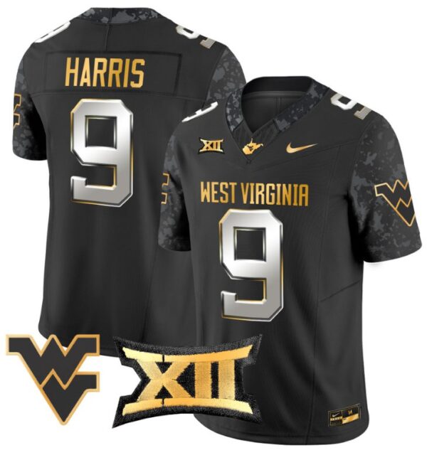Major Harris Jersey #9 West Virginia Mountaineers Gold Vapor Football Black Limited