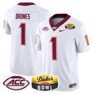 Kyron Drones Jersey #1 Virginia Tech Hokies 2025 Duke's Mayo Bowl Patch White
