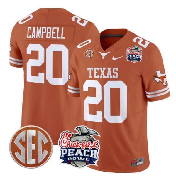 Earl Campbell Jersey #20 Texas Longhorns Peach Bowl Patch Vapor Texas Orange