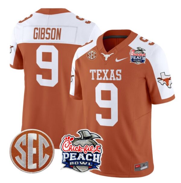 Jerrick Gibson Jersey #9 Texas Longhorns Peach Bowl Patch Vapor Orange Alternate