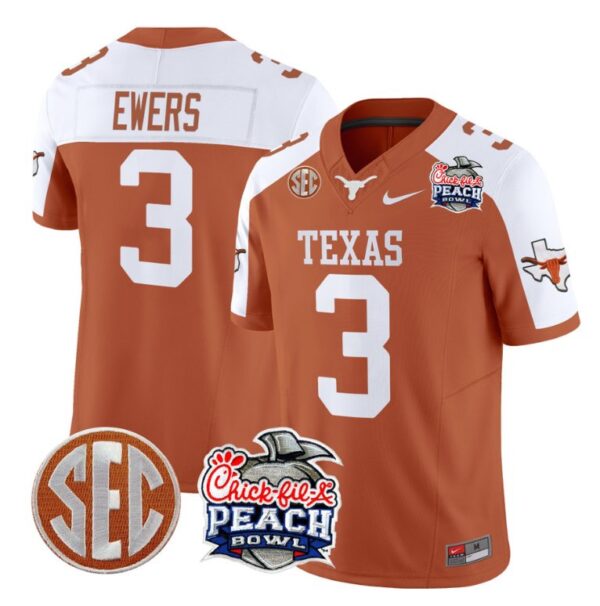 Quinn Ewers Jersey #3 Texas Longhorns Peach Bowl Patch Vapor Orange Alternate