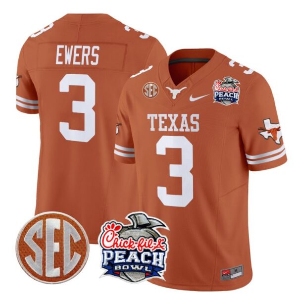 Quinn Ewers Jersey #3 Texas Longhorns Peach Bowl Patch Vapor Texas Orange