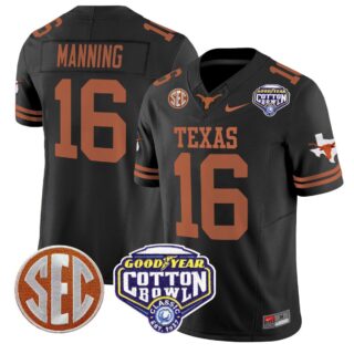 Arch Manning Jersey #16 Texas Longhorns Cotton Bowl Patch Stitched Black