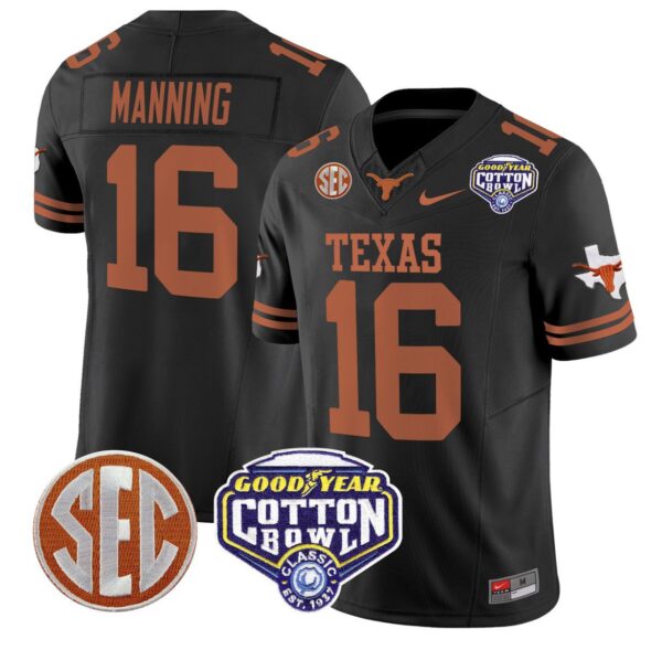 Arch Manning Jersey #16 Texas Longhorns Cotton Bowl Patch Stitched Black