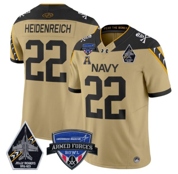 Eli Heidenreich Jersey #22 Navy Midshipmen 2025 Armed Forces Bowl Football Gold