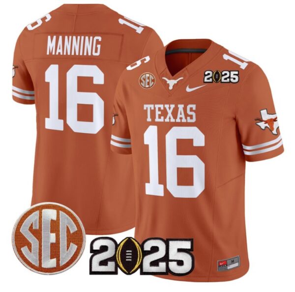 Arch Manning Jersey #16 Texas Longhorns 2025 CFP Final Patch Texas Orange