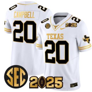 Earl Campbell Jersey #20 Texas Longhorns 2025 CFP Final Patch White Gold