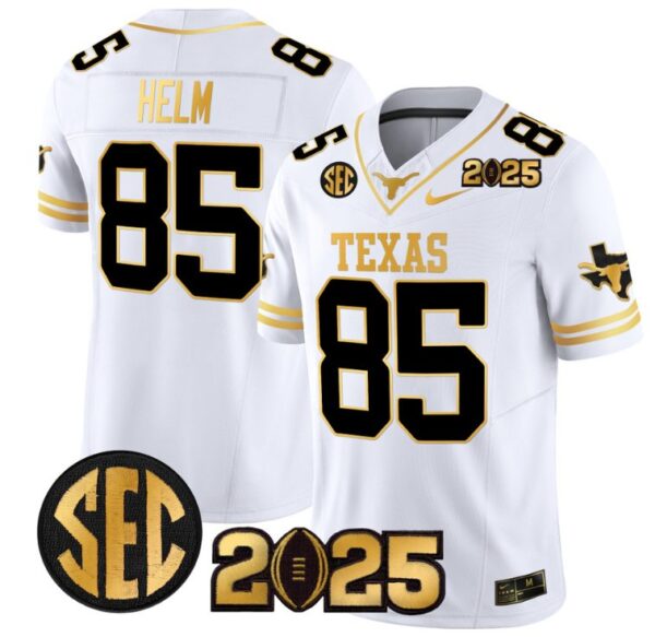 Gunnar Helm Jersey #85 Texas Longhorns 2025 CFP Final Patch White Gold