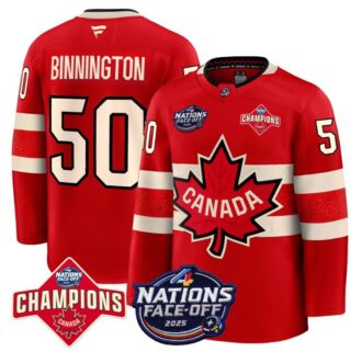 Men's Jordan Binnington Jersey #50 Canada 2025 4 Nations Face-Off 2025 Champions Red