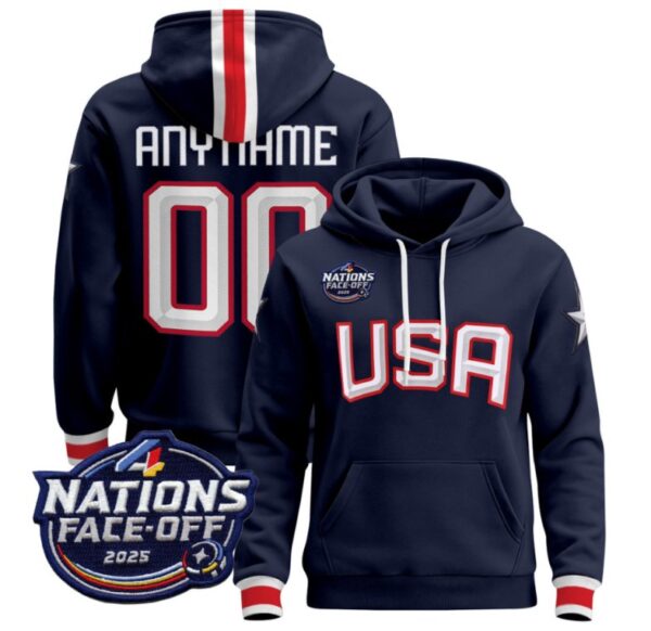 Men's Custom USA Hoodie 2025 4 Nations Face-Off 2025 Pullover All Stitched Navy