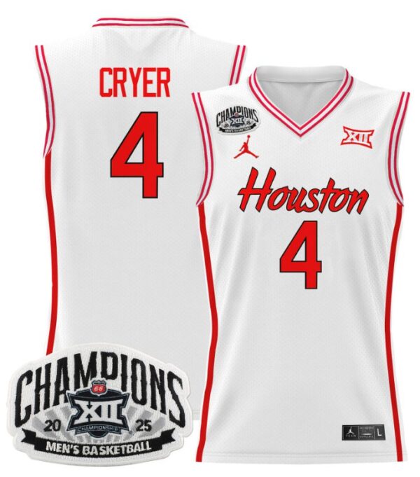 L.J. Cryer Jersey #4 Houston Cougars 2025 Big 12 Tournament Champions White