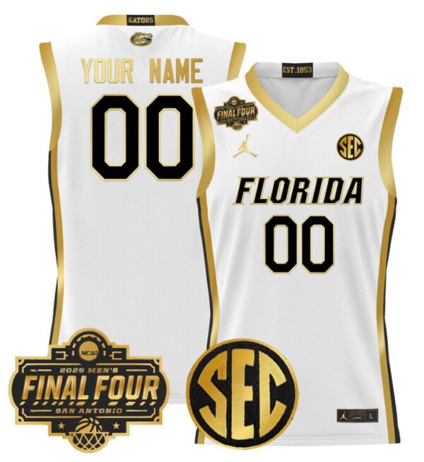 Custom Florida Gators Jersey 2025 Final Four Patch Basketball Stitched White Gold