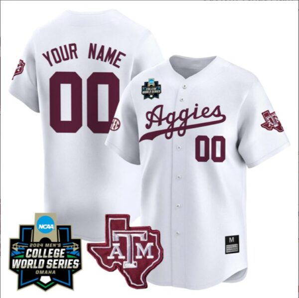 Custom Texas A&M Aggies College Baseball World Series White Jersey All Stitched