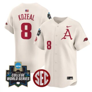 Cam Kozeal Jersey #8 Arkansas Razorbacks 2025 World Series Stitched Cream