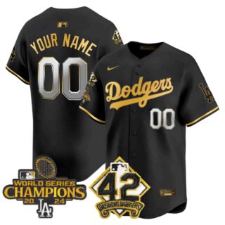 Custom Men's Dodgers 2024 World Series Champions & Jackie Robinson Patch Vapor Premier Limited Jersey All Stitched Black Gold