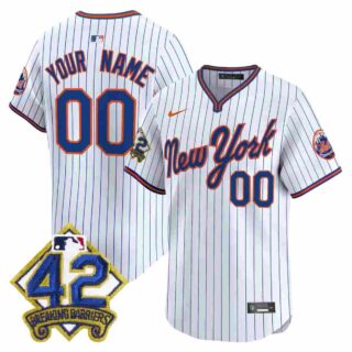 Custom Men's New York Mets 2025 Jackie Robinson Patch Road Alternate Jersey All Stitched Pinstripe