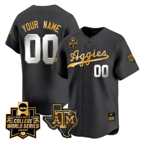 Custom Texas A&M Aggies 2024 College World Series Vapor Premier Limited NCAA Baseball Black Gold Stitched Jersey