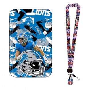 Detroit Lions ID Stickers Badge Holder with Lanyard, Hard Plastic Key Card Work Badge Sleeve for Office, School, Factory, ID Credit Cards Passes