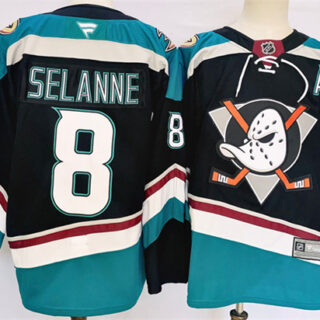 Men's Anaheim Ducks #8 Teemu Selanne Black Teal 2024-25 Stitched Jersey
