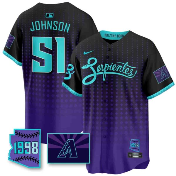 Men's Arizona Diamondbacks Purple for Second ??Serpientes?? City Connect Jersey All Stitched Randy Johnson #51