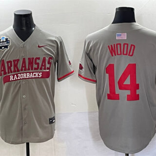 Men's Arkansas Razorbacks #14 Gage Wood Grey 2025 World Series & SEC Patch Stitched Jersey