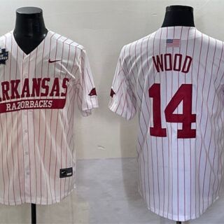Men's Arkansas Razorbacks #14 Gage Wood White Pinstripe 2025 World Series & SEC Patch Stitched Jersey