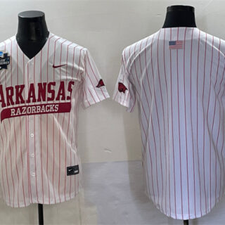 Men's Arkansas Razorbacks Blank White Pinstripe 2025 World Series & SEC Patch Stitched Jersey