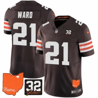 Men's Cleveland Browns #32 Jim Brown Memorial & Home Patch Vapor Limited Jersey All Stitched Denzel Ward 21
