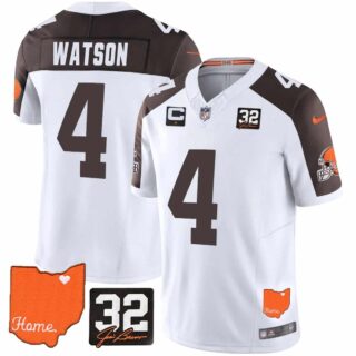 Men's Cleveland Browns #32 Jim Brown Memorial & Home Patch Vapor Limited Jersey All Stitched Deshaun Watson #4