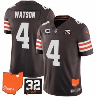 Men's Cleveland Browns #32 Jim Brown Memorial & Home Patch Vapor Limited Jersey All Stitched Deshaun Watson 4