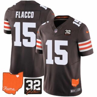 Men's Cleveland Browns #32 Jim Brown Memorial & Home Patch Vapor Limited Jersey All Stitched Joe Flacco 15