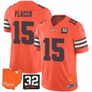 Men's Cleveland Browns #32 Jim Brown Memorial & Home Patch Vapor Limited Jersey All Stitched Joe Flacco 15