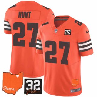 Men's Cleveland Browns #32 Jim Brown Memorial & Home Patch Vapor Limited Jersey All Stitched Kareem Hunt 27