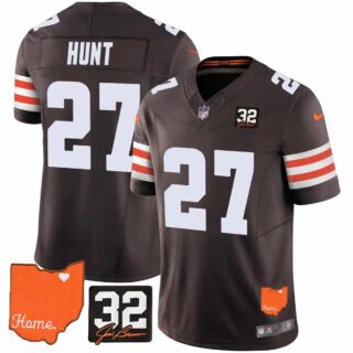 Men's Cleveland Browns #32 Jim Brown Memorial & Home Patch Vapor Limited Jersey All Stitched Kareem Hunt 27