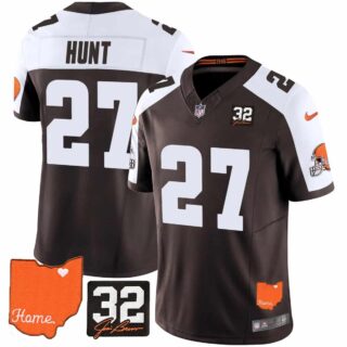 Men's Cleveland Browns #32 Jim Brown Memorial & Home Patch Vapor Limited Jersey All Stitched Kareem Hunt