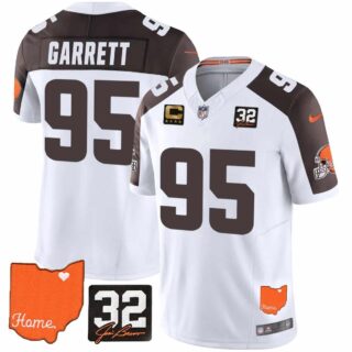 Men's Cleveland Browns #32 Jim Brown Memorial & Home Patch Vapor Limited Jersey All Stitched Myles Garrett #95