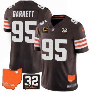 Men's Cleveland Browns #32 Jim Brown Memorial & Home Patch Vapor Limited Jersey All Stitched Myles Garrett 95