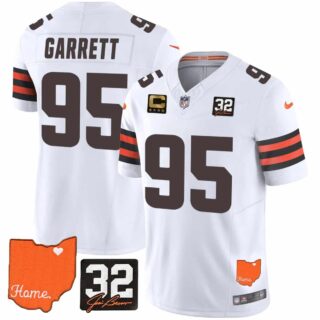 Men's Cleveland Browns #32 Jim Brown Memorial & Home Patch Vapor Limited Jersey All Stitched Myles Garrett 95