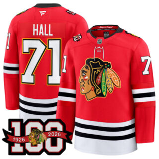 Men's Chicago Blackhawks #71 Taylor Hall Red 2025 Home 100th Anniversary Stitched Hockey Jersey