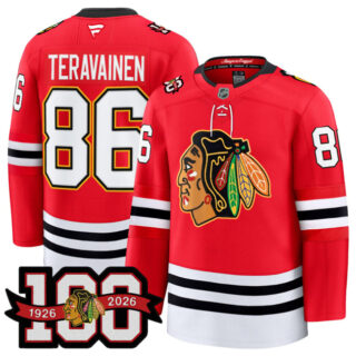 Men's Chicago Blackhawks #86 Teuvo Teravainen Red 2025 Home 100th Anniversary Stitched Hockey Jersey