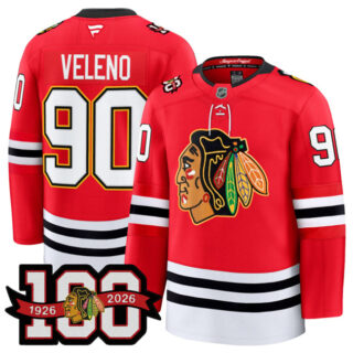Men's Chicago Blackhawks #90 Joe Veleno Red 2025 Home 100th Anniversary Stitched Hockey Jersey