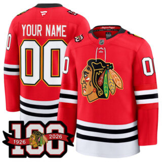 Men's Chicago Blackhawks Active Player Custom Red 2025 Home 100th Anniversary Stitched Hockey Jersey