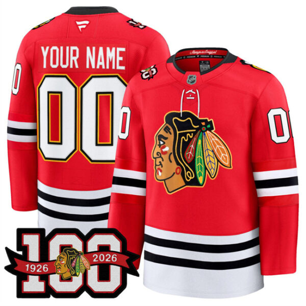 Men's Chicago Blackhawks Active Player Custom Red 2025 Home 100th Anniversary Stitched Hockey Jersey