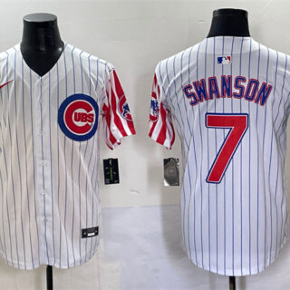 Men's Chicago Cubs #7 Dansby Swanson White Pinstripe 2025 Independence Day Vapor Premier Limited Stitched Baseball Jersey