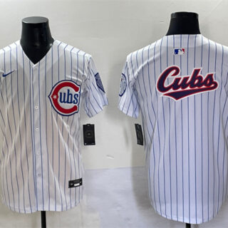 Men's Chicago Cubs Team Big Logo White Pinstripe 2nd Alternate Limited Stitched Baseball Jersey